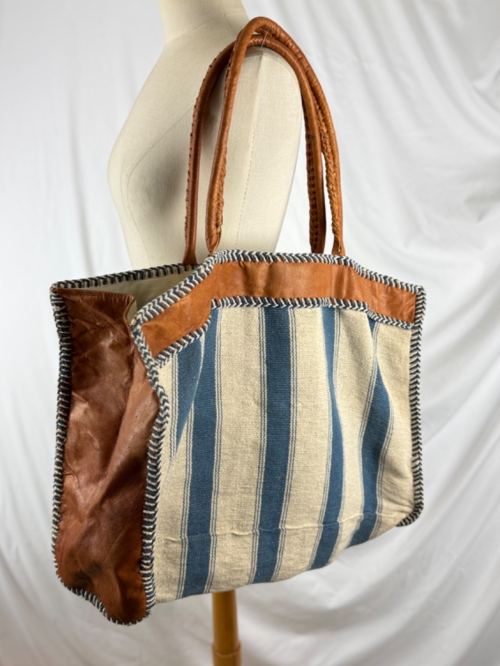 Nautical Normandy Beach Bag Lg Tote Packable Blue White Stripes Leather Straps